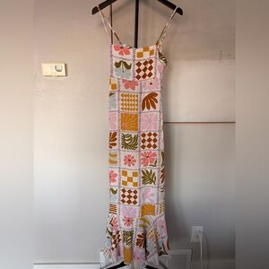 Retro Patchwork Maxi Slip Dress in Pink, Mustard & Olive